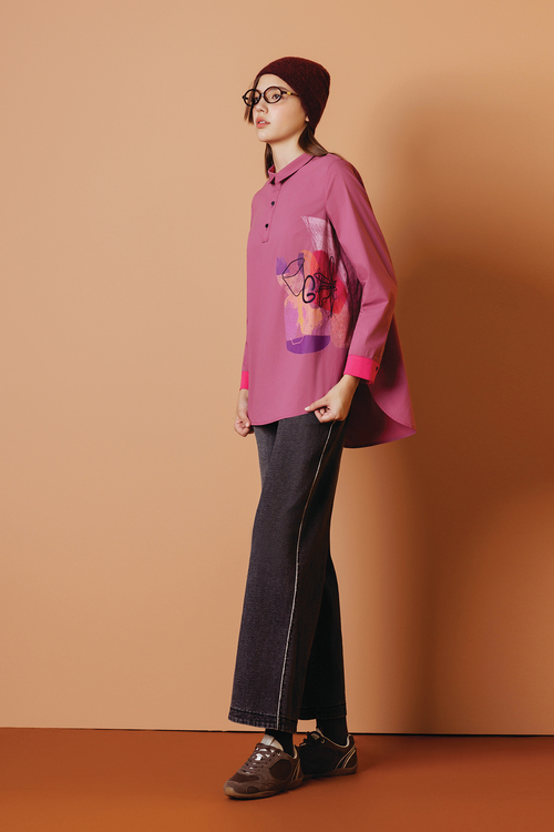 斑斕印花刺繡中長襯衫